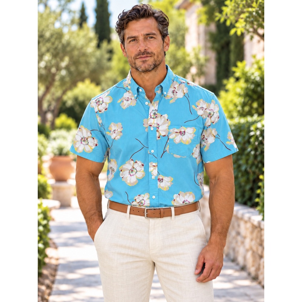 Gap Mens XXL Tall Button Down Shirt Blue Short Sleeve Standard Fit Stretch